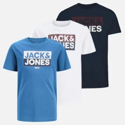 Best JACK & JONES Drenge Atfal Tre Pakke T-shirts Colbalt Blå / Hvid / Navy Print