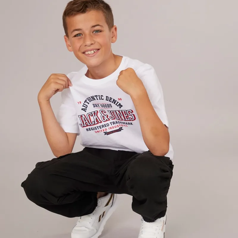 Best JACK & JONES Drenge Logo T-Shirt Hvid Print/Navy Blazer/Ægte Rød