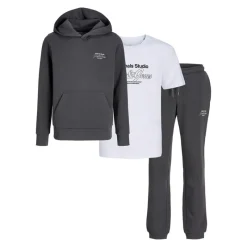 JACK & JONES Drenge Niko Hætte Tre Delt Træningsdragt Og T-Shirt Sæt Asfalt/​Hvid