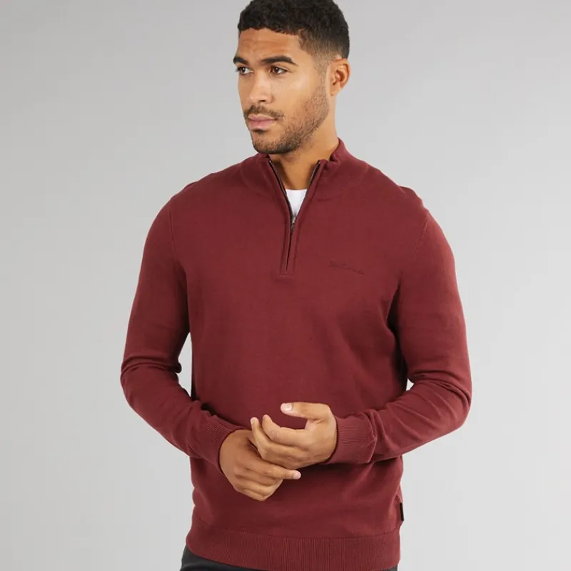 New Ben Sherman Herre 1/4 Zip Funnel Neck Jumper Vin Vinrød
