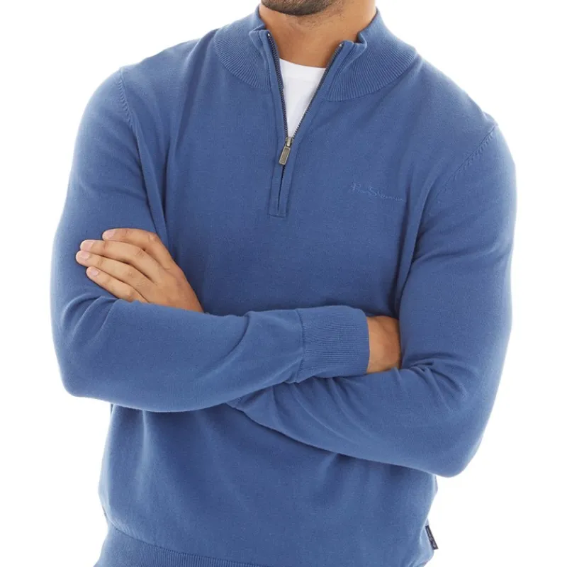 Sale Ben Sherman Herre 1/4 Zip Funnel Neck Trøje Riviera Blå Blå