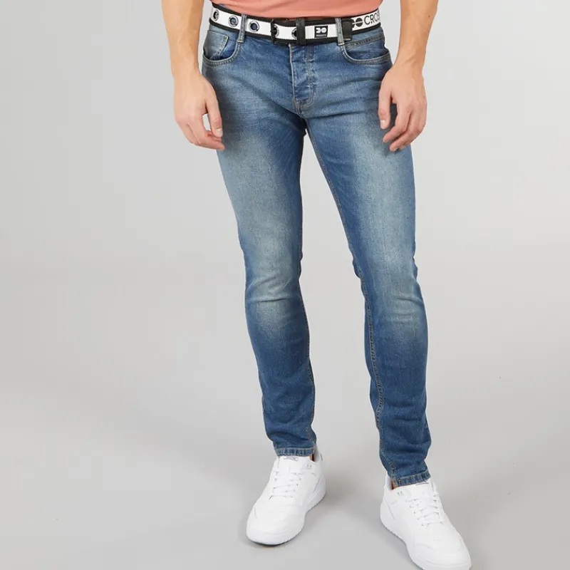 Crosshatch Herre Barbeck Slim Fit Jeans Stonewash Mellemblå