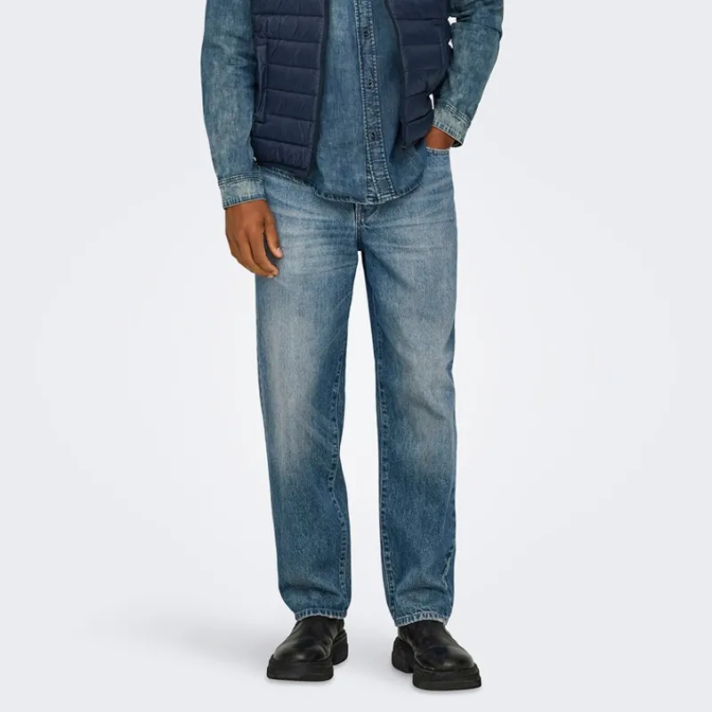 Best ONLY & SONS Herre Edge Lige Jeans Medium Blue Denim