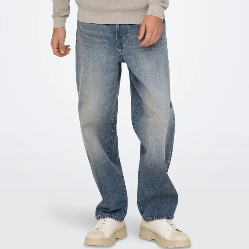 Outlet ONLY & SONS Herre Fade Løse Jeans Special Blue Grey Denim Mellemblå