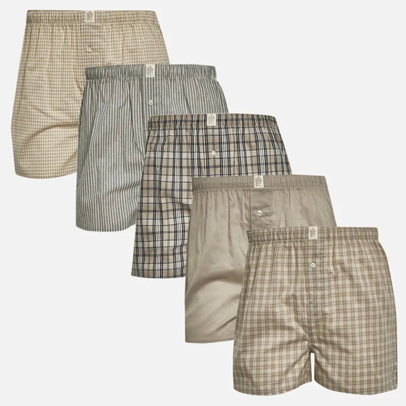 Best French Connection Herre Fem Pak Vævede Boksershorts Multi 5 Taupe/Taupe Ecru Check/Taupe Ecru Check/Taupe Ecru Gingham/Taupe Ecru Stribe Flerfarvet