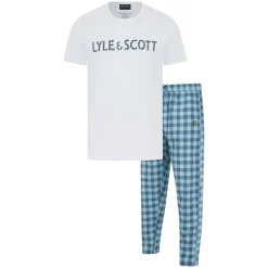 Discount Lyle And Scott Vintage Herre Holden T-shirt og ternede loungesæt Bright White/Blue Check