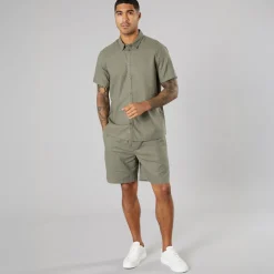 Clearance Solid Herre kortærmet skjorte Dusty Olive kakigrøn