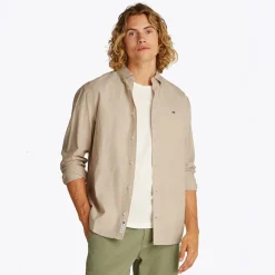 Sale Tommy Jeans Herre Linnedblanding Langærmet Skjorte Relic Tan