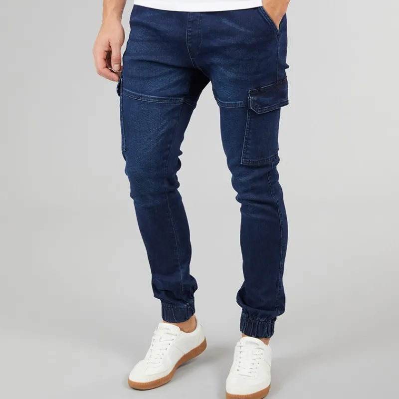 New Crosshatch Herre Malimore Denim Manchet Cargo Bukser Mørk Vask Blå