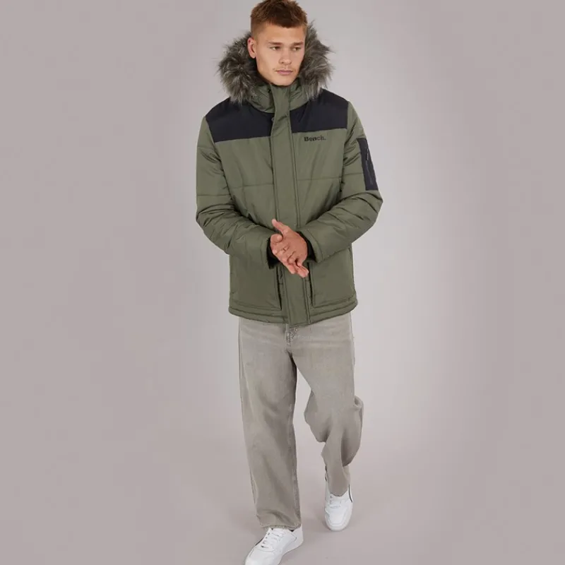 Outlet Bench Herre Pelsbesat Hætteforsynet Vatteret Ripstop Parka Khaki/Sort kakigrøn