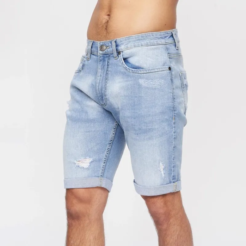 Sale Crosshatch Herre Riptrey Denim Shorts med ridsede detaljer Lyseblå