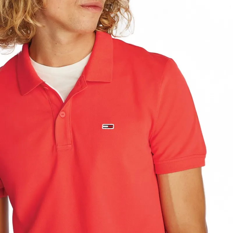 Sale Tommy Jeans Herre Slim Stolpelukning Polo Bright Vermillion Rød