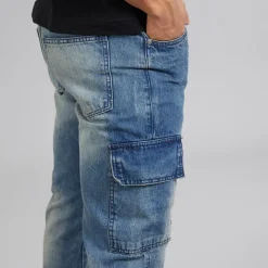 Hot Brave Soul Herre Station Løs Pasform Cargo Jeans Mid Blue