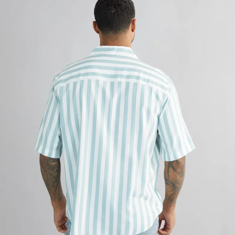 New ONLY & SONS Herre Tes Relax Bomuld Slub Stribet Kortærmet Skjorte Seaspray Stribet