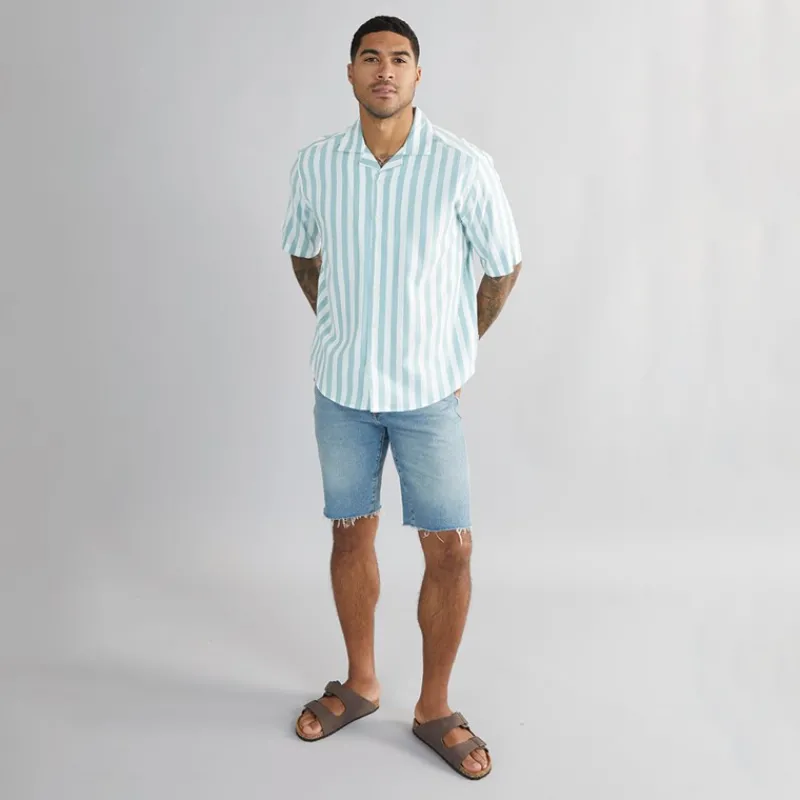 New ONLY & SONS Herre Tes Relax Bomuld Slub Stribet Kortærmet Skjorte Seaspray Stribet