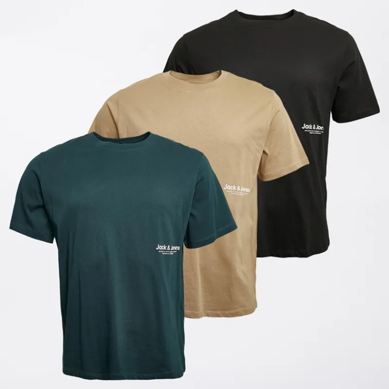 Discount JACK & JONES Herre Vesterbro Side Tre Pak Afslappet Pasform T-shirts Sort/Sølv Mink/Magisk Skov