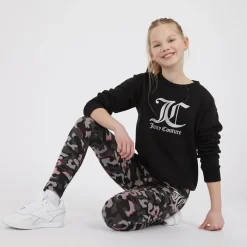 Sale Juicy Couture Piger Oversized Crew Sweatshirt og Abstrakt Leggings Tracksuit Sæt Sort