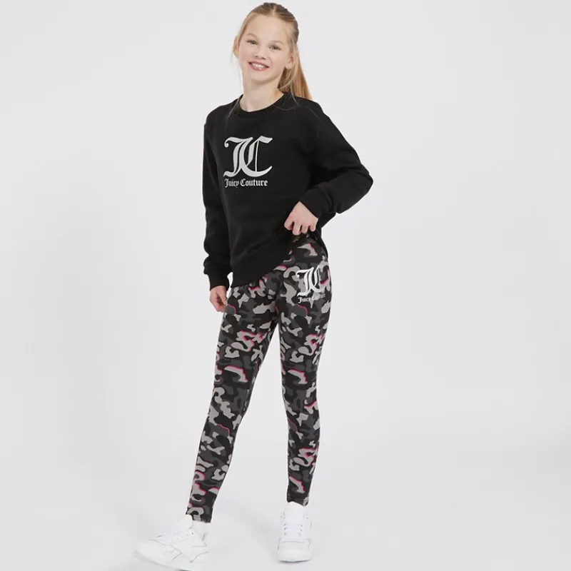 Sale Juicy Couture Piger Oversized Crew Sweatshirt og Abstrakt Leggings Tracksuit Sæt Sort