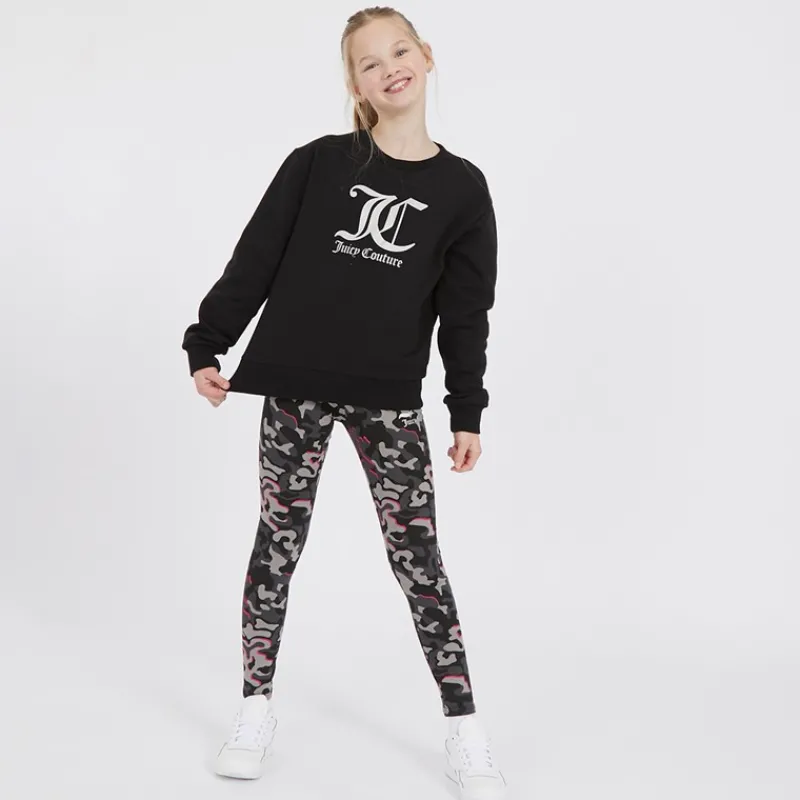 Sale Juicy Couture Piger Oversized Crew Sweatshirt og Abstrakt Leggings Tracksuit Sæt Sort